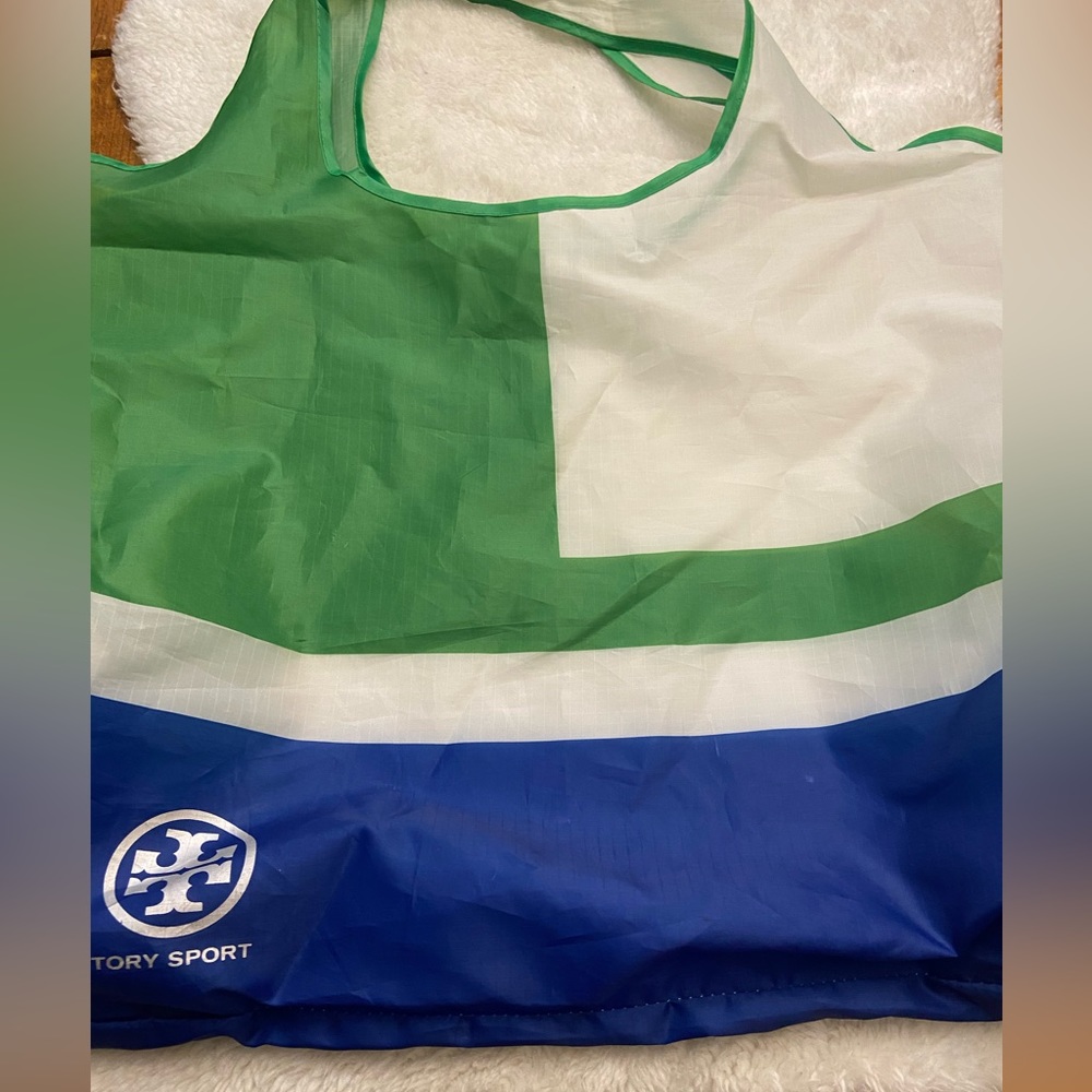 Tory Burch Sport Nylon Bag with with blue and green and silver logo.